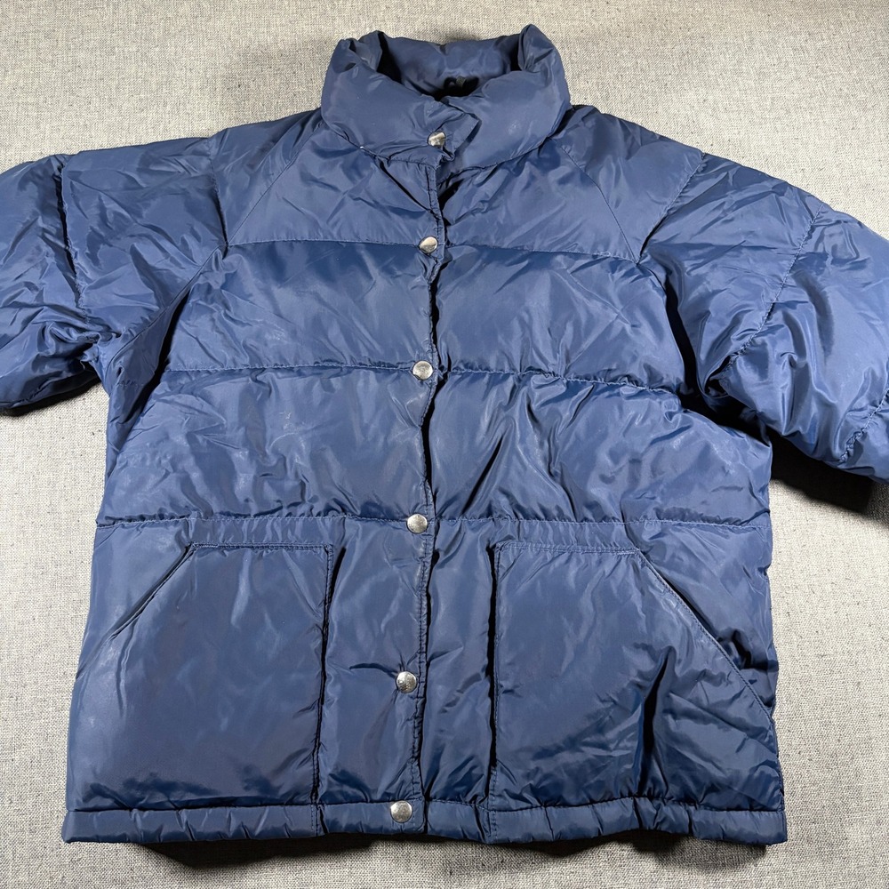 Vintage L.L. Bean Puffer Jacket Women Medium Blue Goose Down Quilted Snap Front